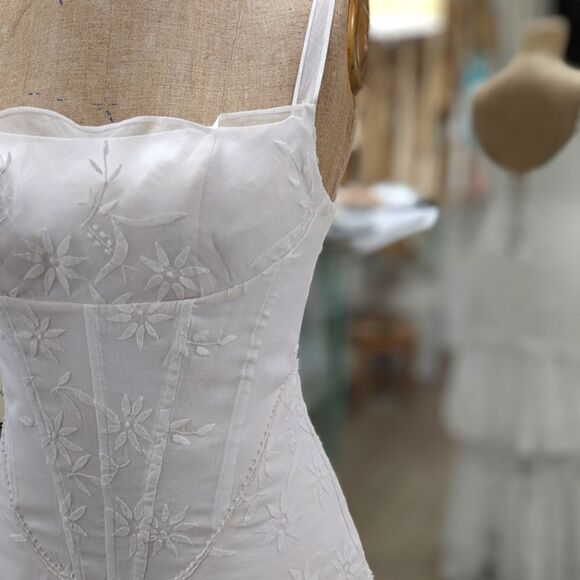 Custom Vintage Organdy Floral Embroidered Wedding Dress - Picture 5 of 16